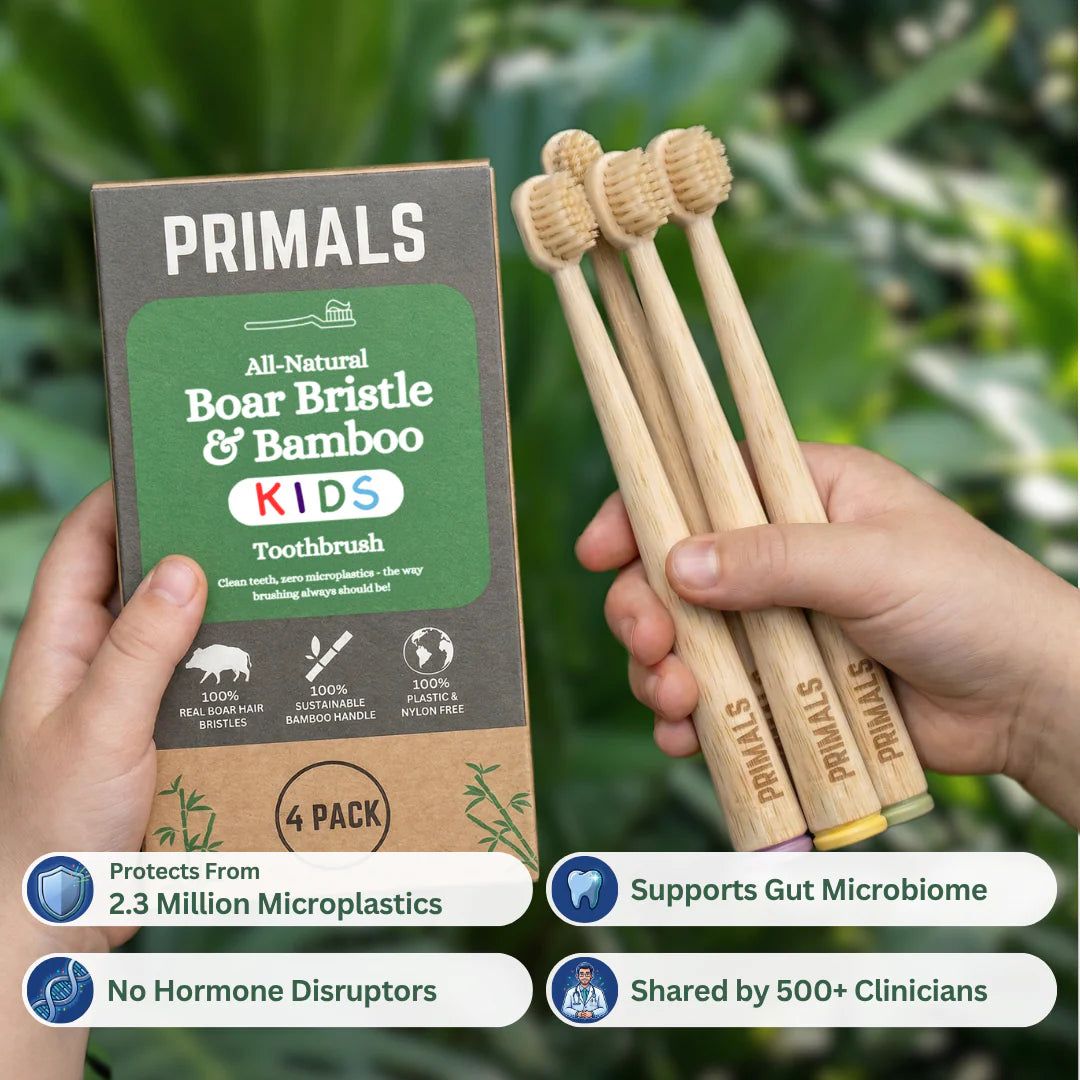 PRIMALS Kids Boar Bristle & Bamboo Toothbrush (4 Pack)